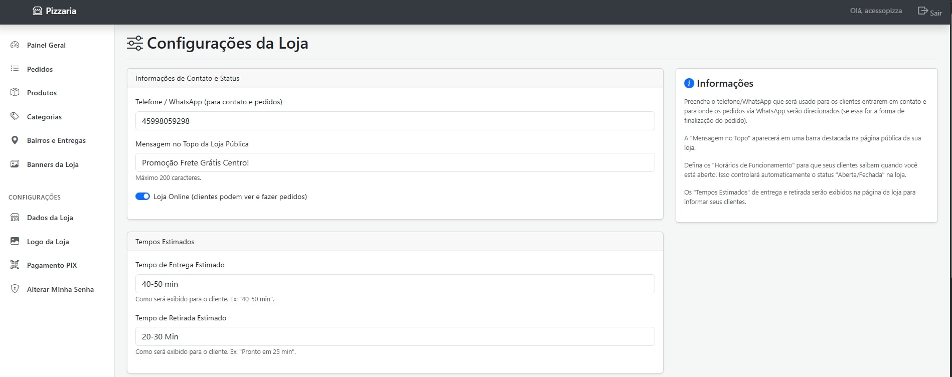 Configurações da Loja